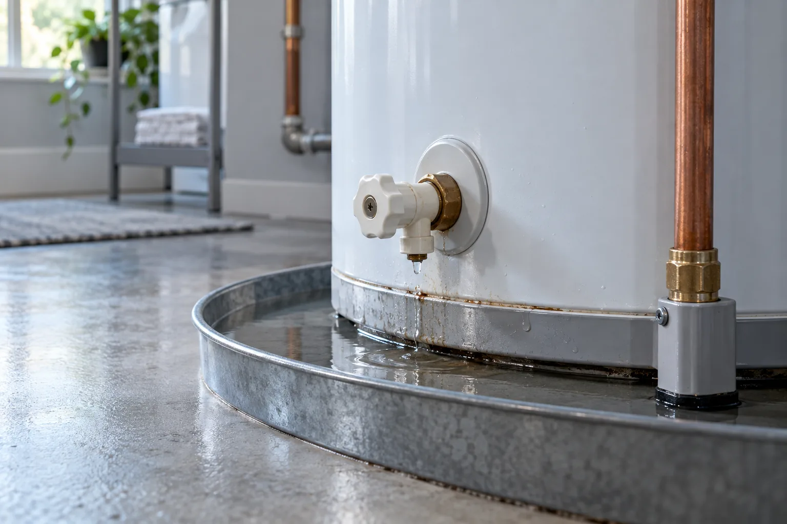 Water collecting in a drain pan from a household leak
