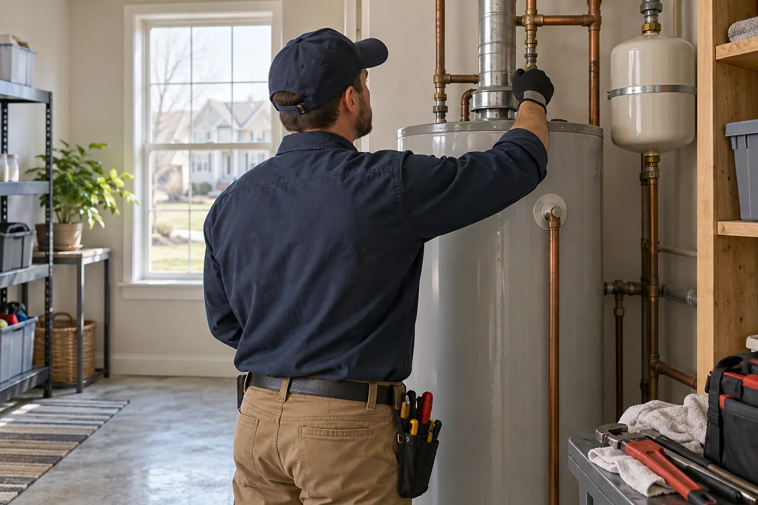 Technician inspecting water heater connections during a leak diagnosis