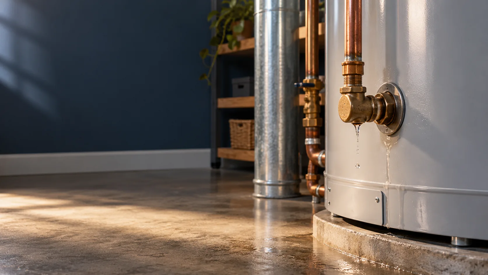 Close-up of a leaking residential water heater in Westfield, IN