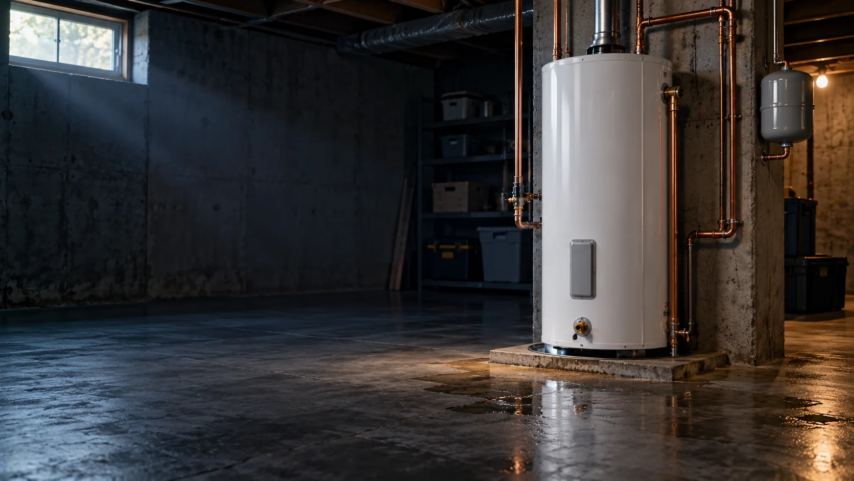 Residential water heater ready for replacement in a utility room